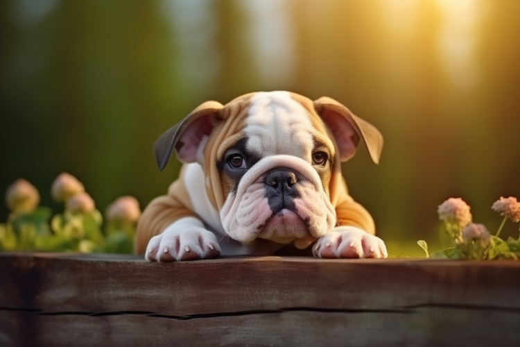pet bulldog puppy poses on a wood log