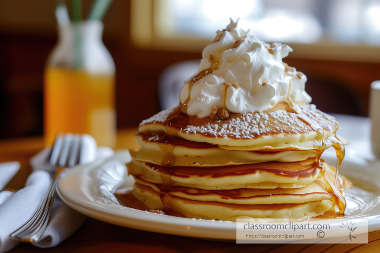 photo pancakes fluffy whipped cream and syrup on top
