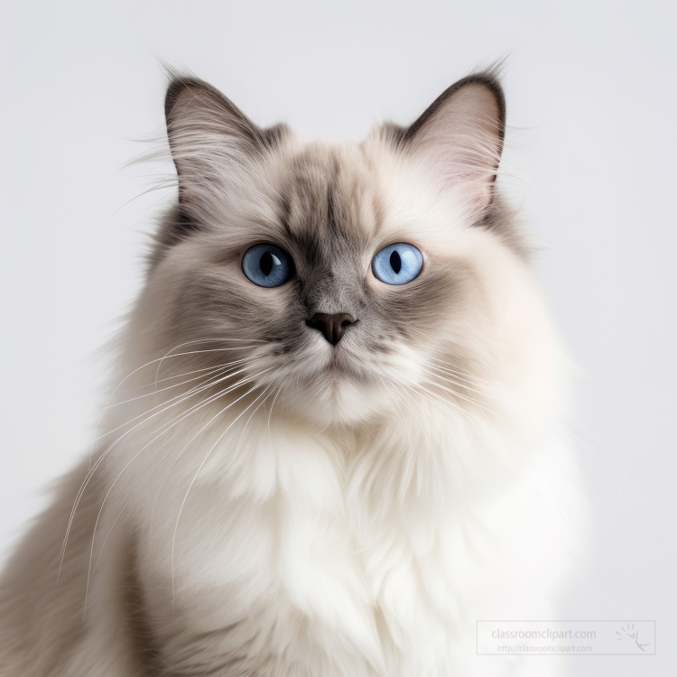 photograph of a Ragdoll Cat in front of a solid white color back