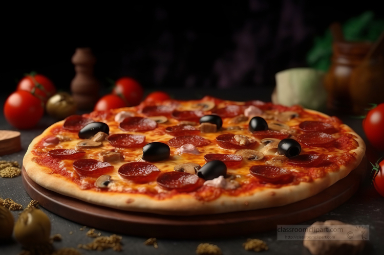 pizza with pepperoni and olives on a wooden table