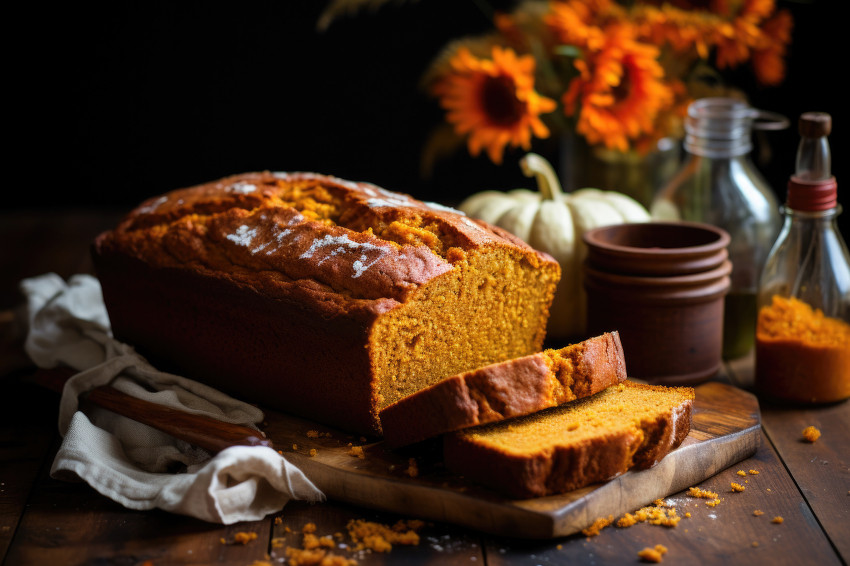 plate of sliced pumpkin bread reveals a soft spicy crumb