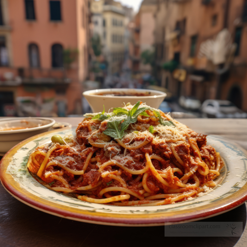 plate of spaghetti on a table overlooking a city street in rome
