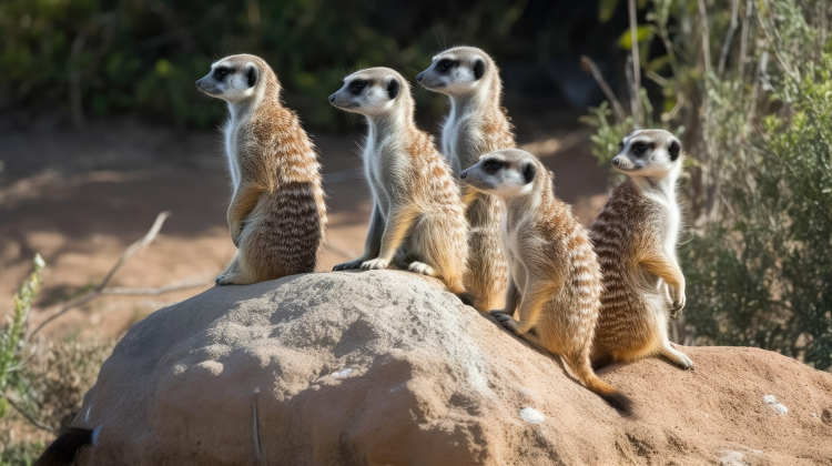 playful meerkats on large sandy rock in africa