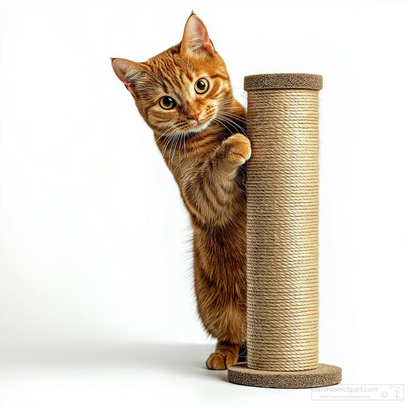 Playful orange kitten explores scratching post in a bright indoor setting