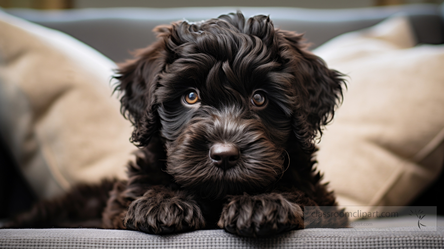 Portuguese Water Dog puppy sits on a couch