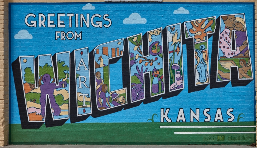 postcard style mural greeting in Wichita