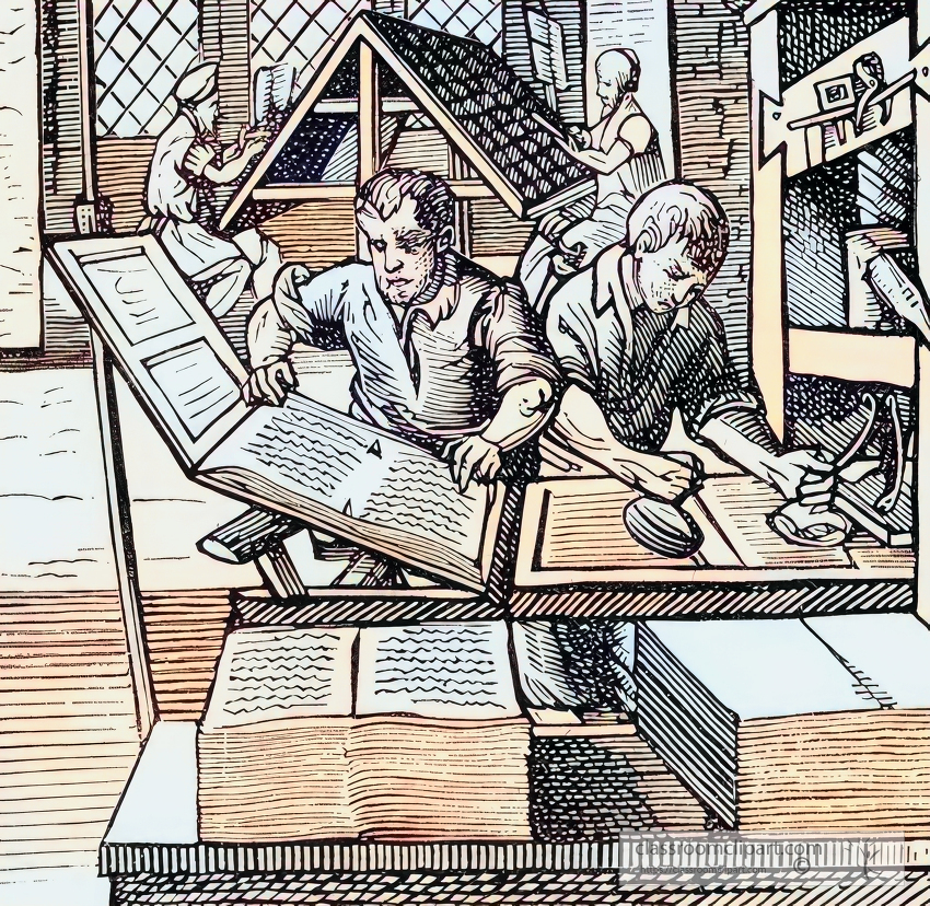 Industrial Revolution-printing press work and composition 1564