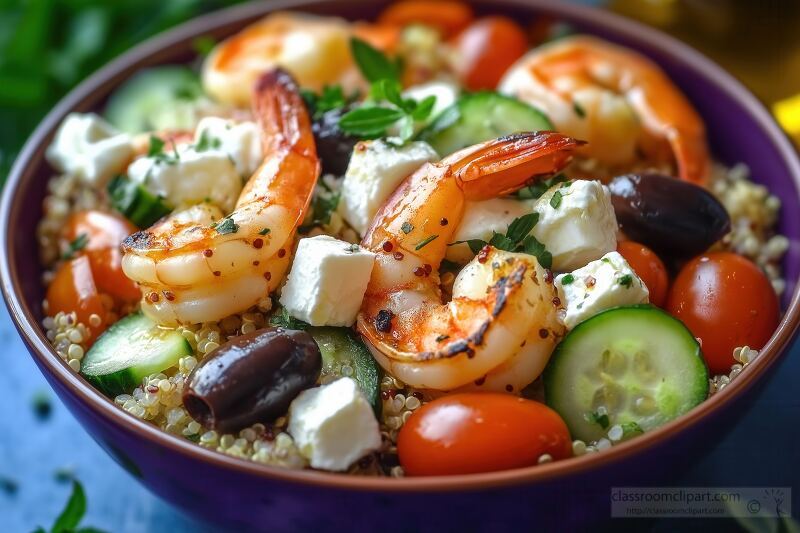 Quinoa Bowl With Grilled Shrimp and Fresh Vegetables