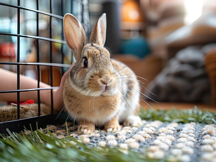 rabbit sits outside of its enclosure