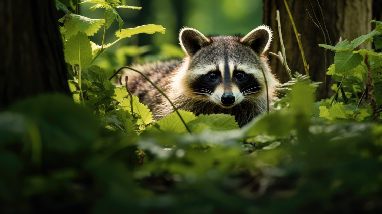raccoon hiding behind plants