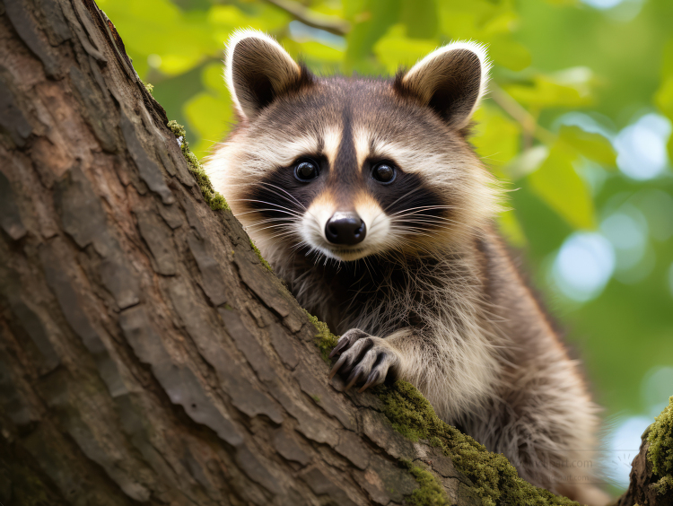 raccoons holds onto a large tree