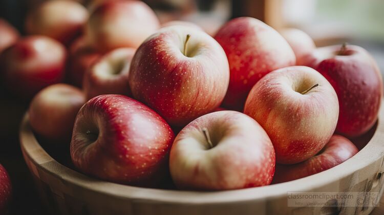 Red apples stacked in a rustic wooden bow