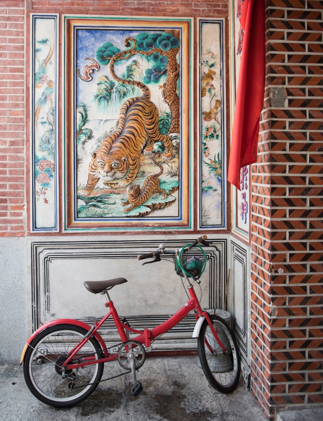 red bicycle in front of building with painted tiger georgetown p