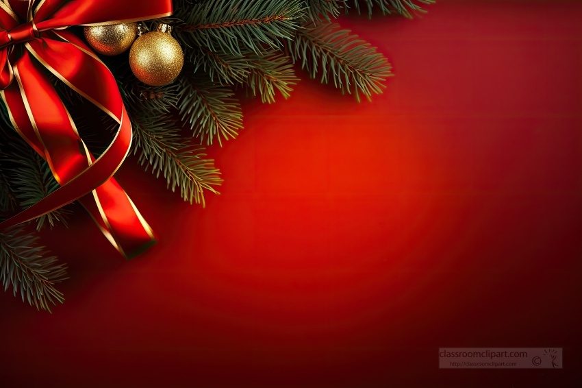 red holiday background with christmas tree branches and red bow
