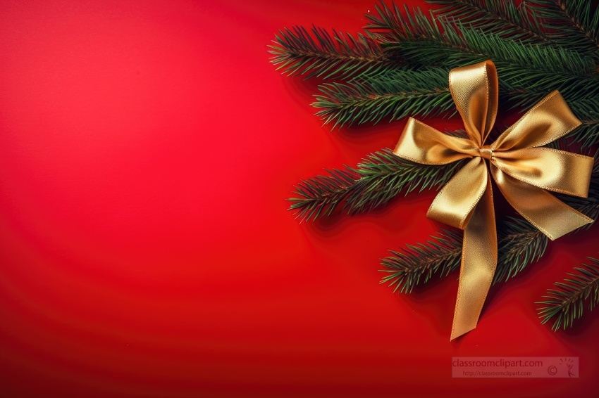 red holiday background with christmas tree branches with large gold bow