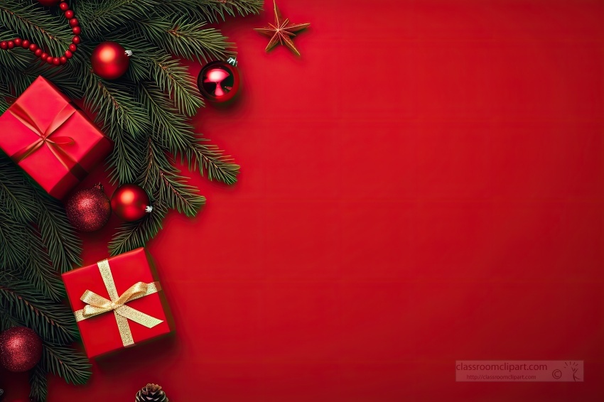 red holiday background with christmas tree decorations and gifts