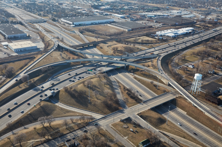 rial view of a confluence of freeways in Hamtramck Michigan
