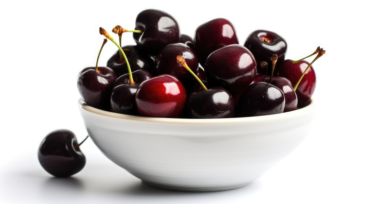 ripe and juicy black cherries in a white bowl