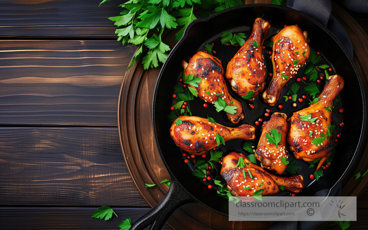 Roasted chicken drumsticks in a cast iron skillet garnished with