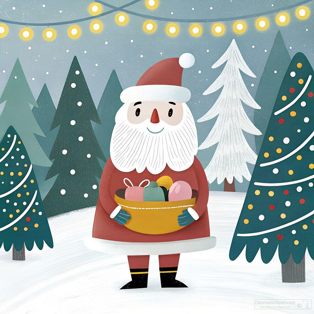 Santa stands in a snowy forest holding a basket of gifts