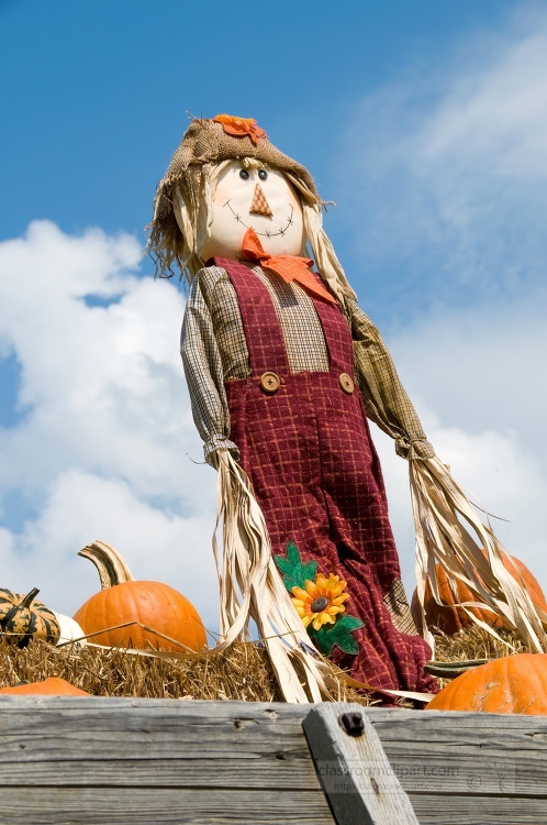 scarecrow stands on a hay bale