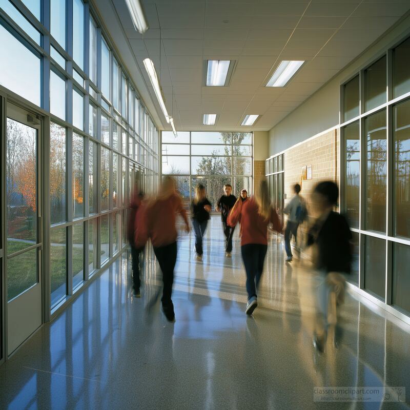 School Kids Running in Elementary School Hallway