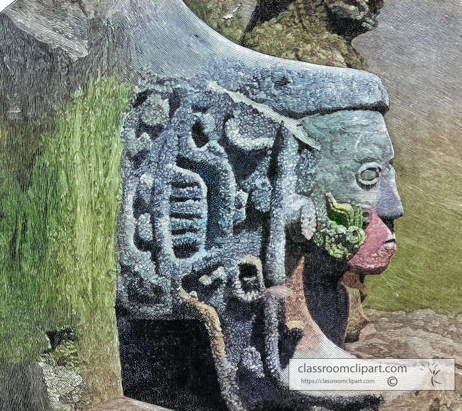 Sculptured Head of Yucatan mexico colorized historic illustratio