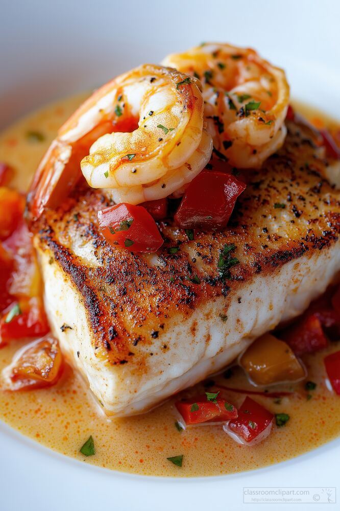 Seared Sea Bass With Shrimp and Bell Peppers in Sauce