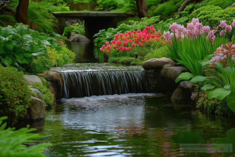 Serene garden with a flowing stream and vibrant flowers in a peaceful natural setting