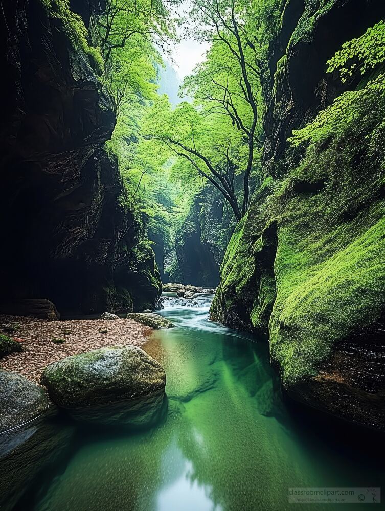 Serene River Flows Through Lush Green Canyon Landscape