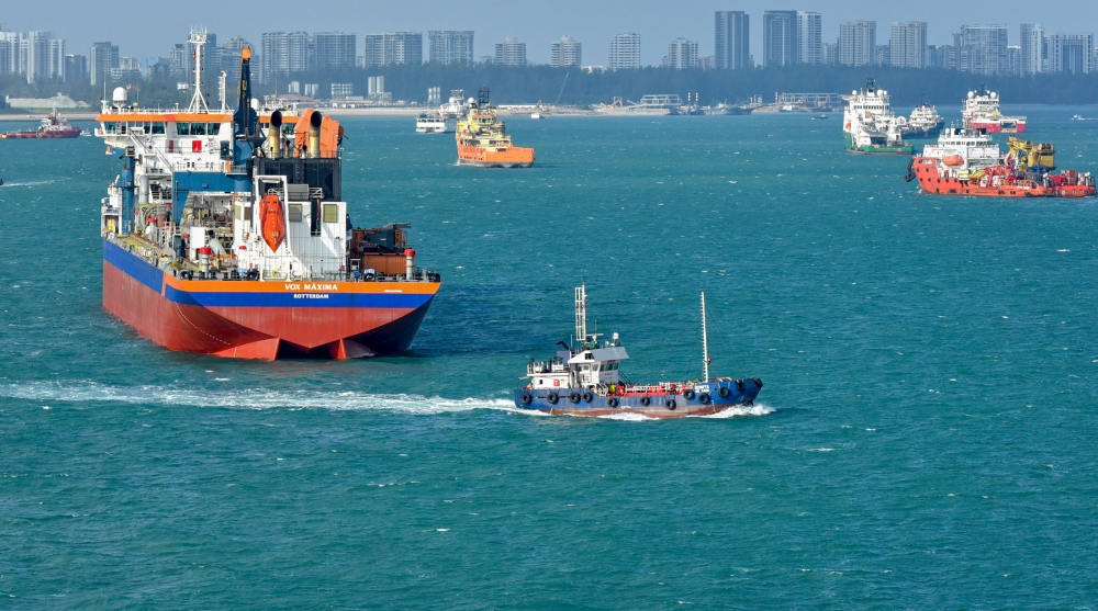 ship in the busy harbor singapore 