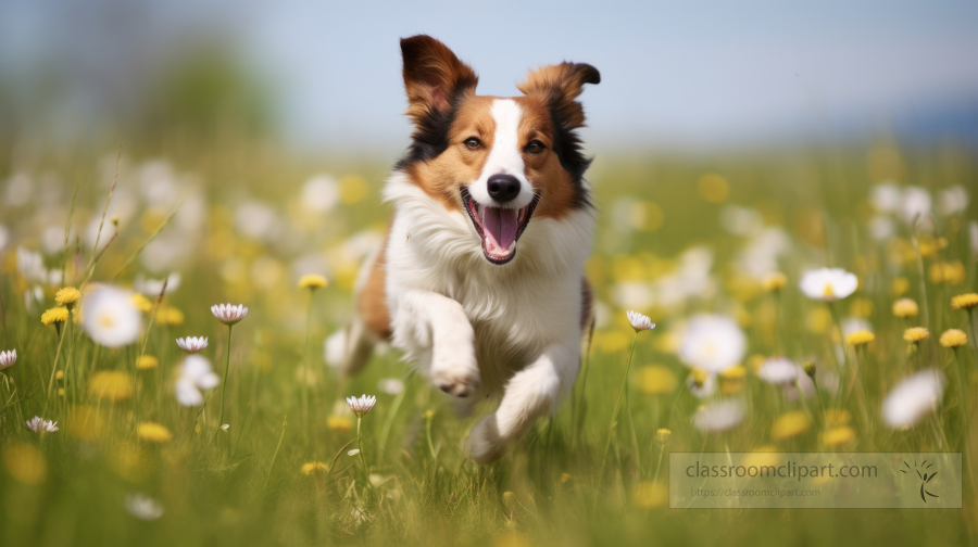 Shorthaired collie Dog runs in a field of flowers