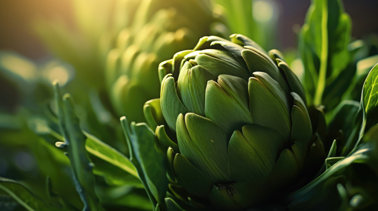 side view image of an artichoke growning with blurry images in t