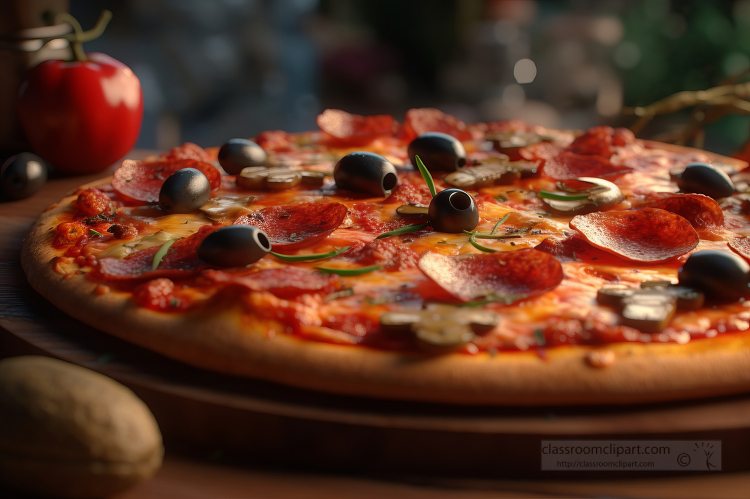 side view of freshly baked pizza with olives and pepperoni on to