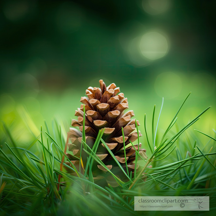 Single fir cone standing upright among soft fresh pine branches