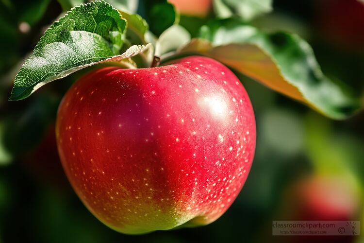 single plump organic apple hangs from a branch with a leaf