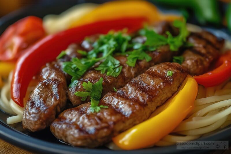 Sliced Grilled Steak With Colorful Vegetables and Noodles