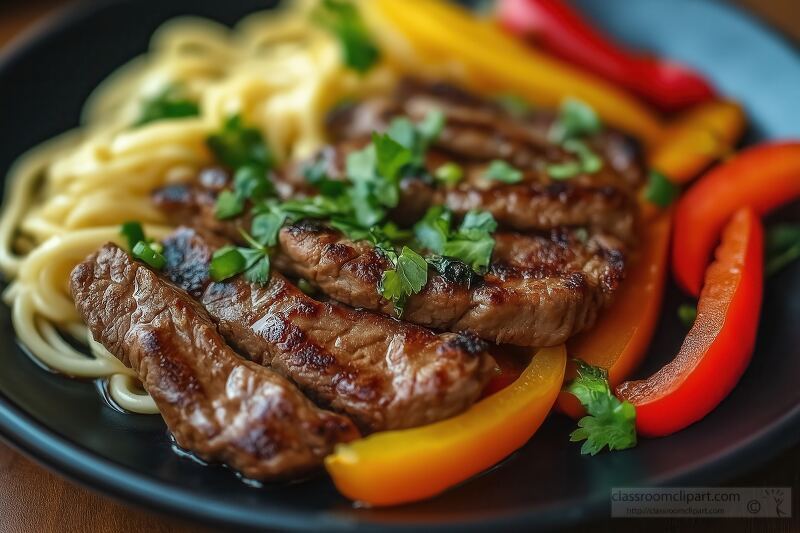 Sliced Grilled Steak With Noodles and Colorful Vegetables