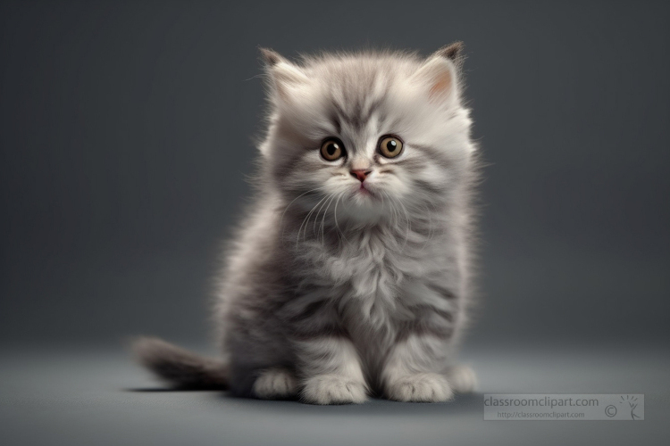small gray and white kitten with blue eyes sits on a white surfa