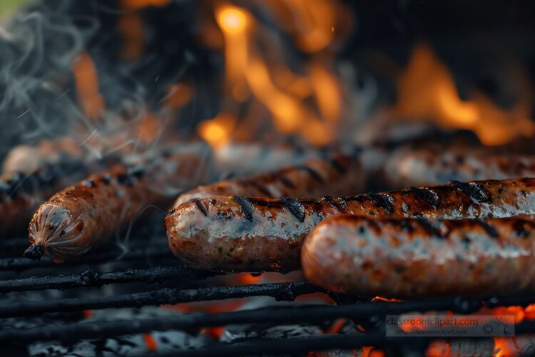 smoky outdoor barbecue with charred browned sausage