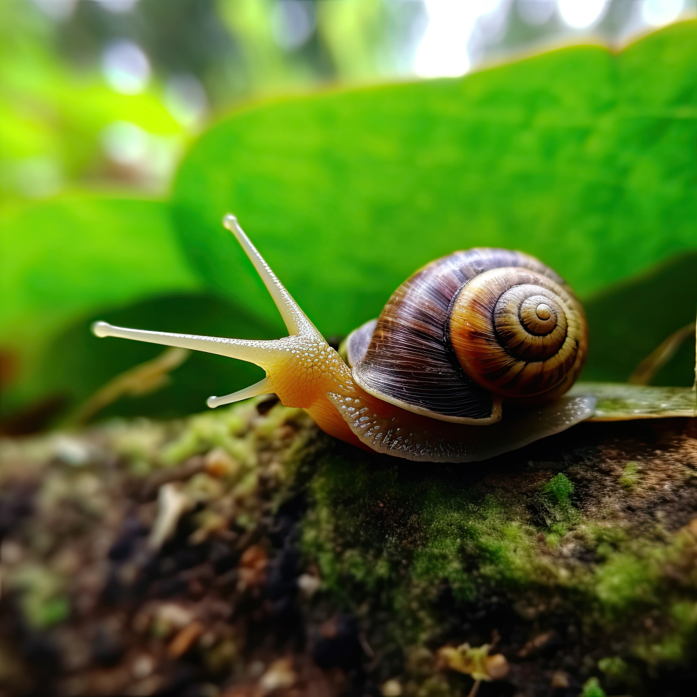 snail with coiled protective shell on plant
