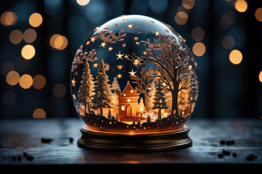 snow globe on a red stand containing a tiny world of christmas t