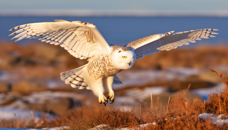 snowy owl in wings in flight in the looking for food