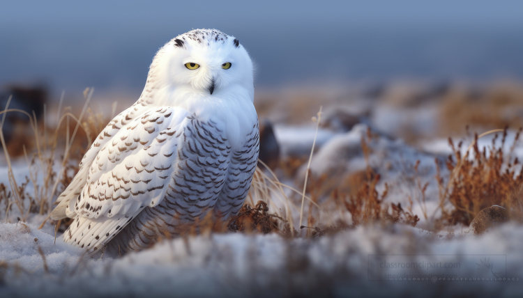 Bird Photos-snowy owl rests in the snow and vegetation in the arctic tundra