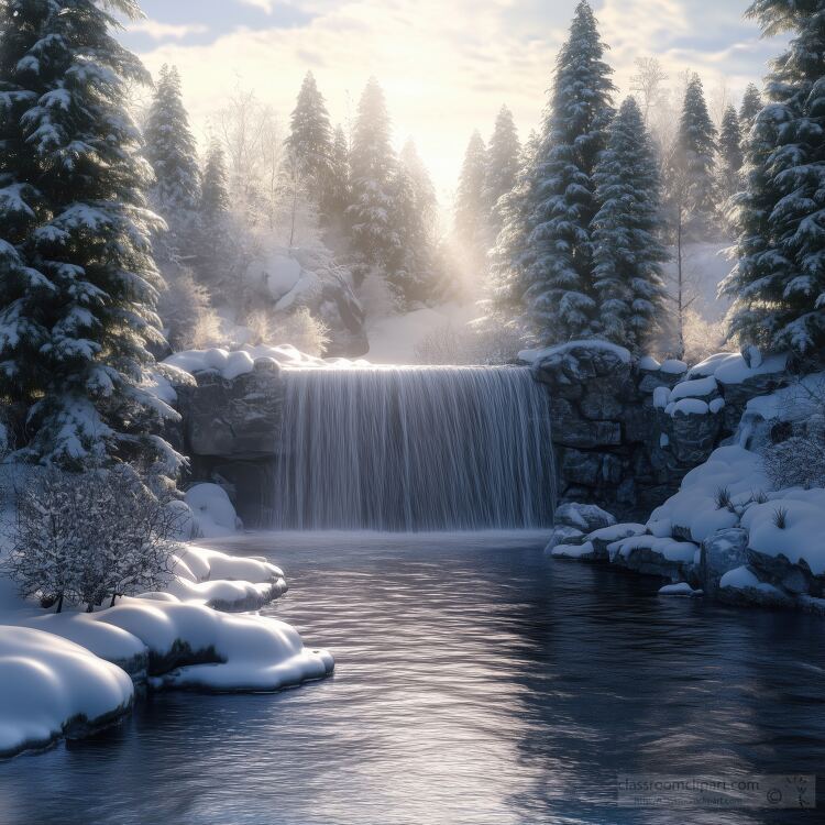 Snowy rocks and trees around a waterfall