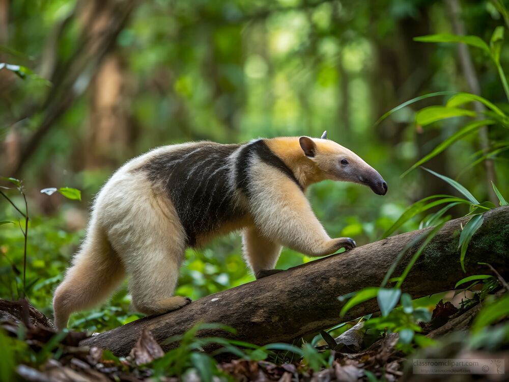 southern tamandua walks along a fallen tree