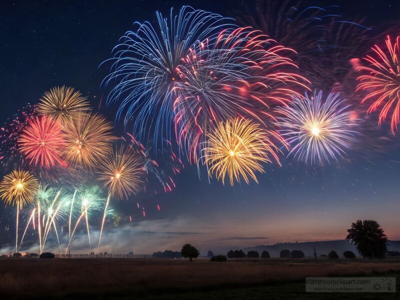 Spectacular Fireworks Illuminate the Night Sky Over Fields