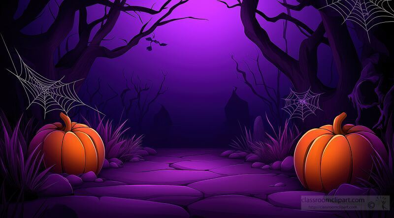 Spooky Halloween scene with pumpkins and spider webs in a dark, misty forest at night