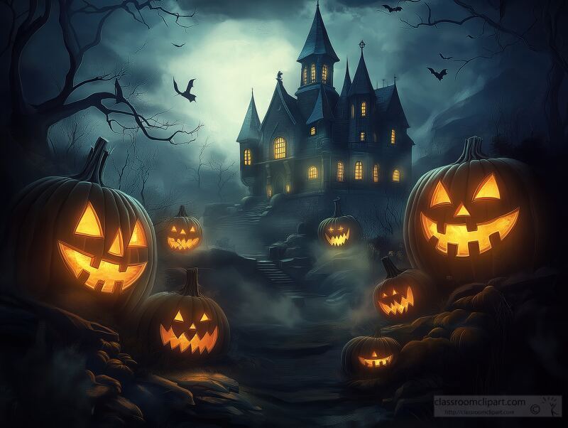 A haunted mansion looms in the dark night, illuminated by a full moon. Precariously placed pumpkins with grinning faces sit in the foggy foreground, creating a chilling Halloween atmosphere.