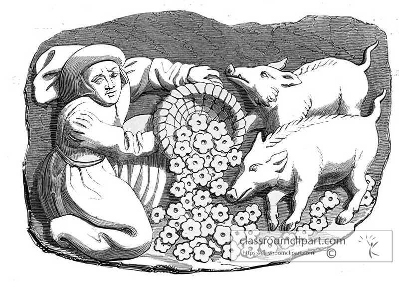 stall of carved wood throwing pearls before swine illustration